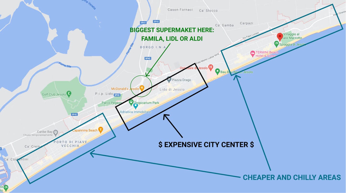 Jesolo annotated map for digital nomads